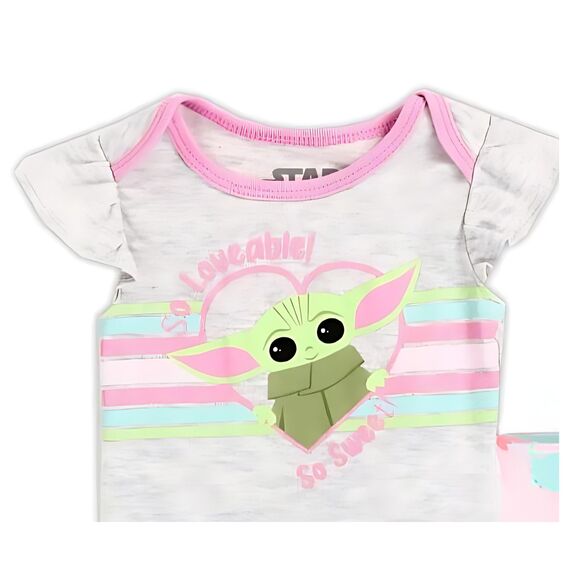 Star Wars Baby Yoda Girls 3-Piece Set With Bodysuit Pants Headband Pnk Grey 6-9M - Picture 3 of 5
